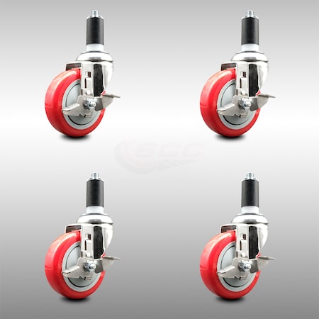 Service Caster 4 Inch 316SS Red Poly Swivel 1-1/4 Inch Expanding Stem Caster Set Brake SCC SCC-SS316EX20S414-PPUB-RED-TLB-114-4